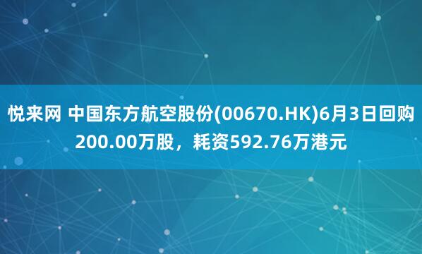 悦来网 中国东方航空股份(00670.HK)6月3日回购200.00万股，耗资592.76万港元